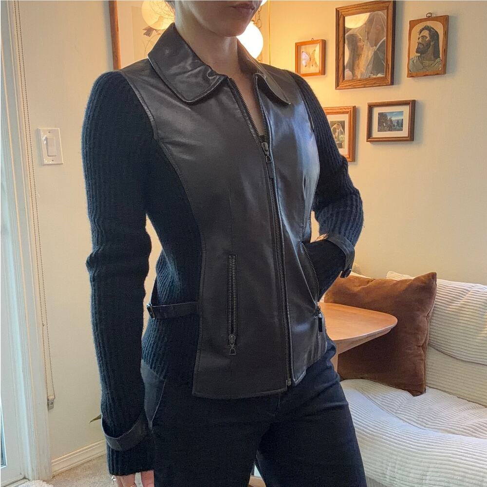 Neiman Marcus Cashmere Knit Leather Hybrid Full Zip Jacket Black Size XS